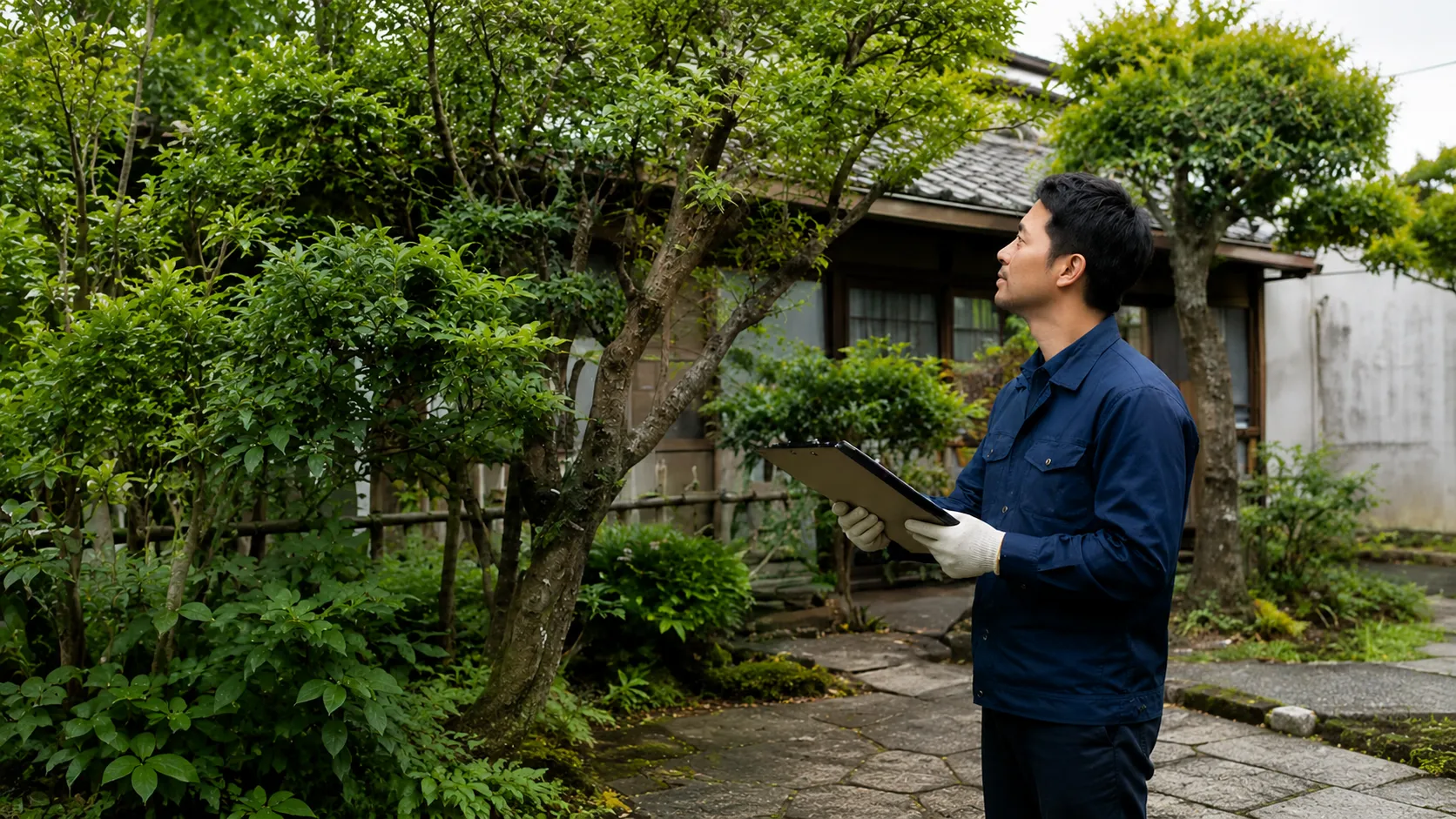 庭の状態を確認している様子