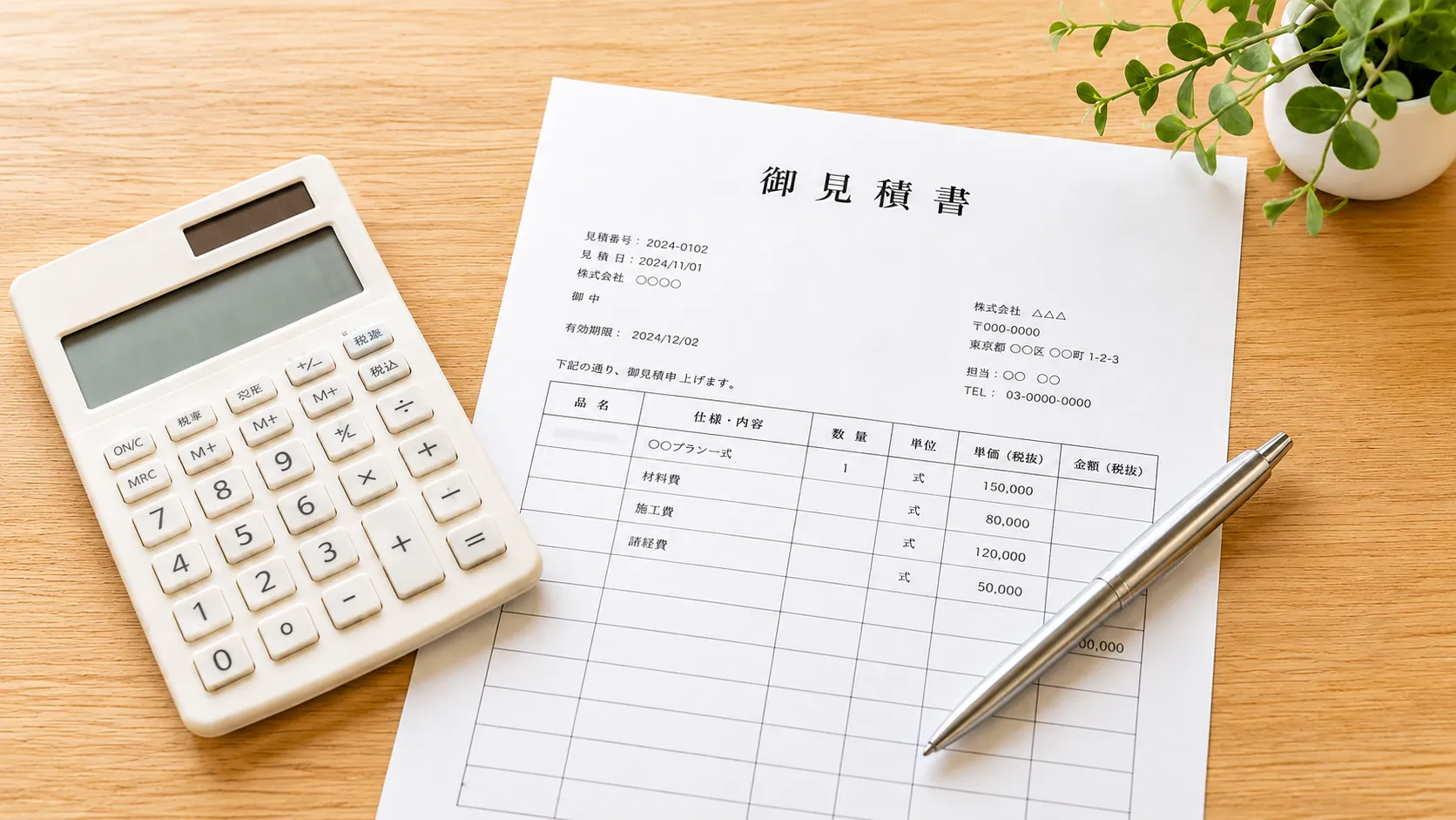 お支払いに関する書類と電卓